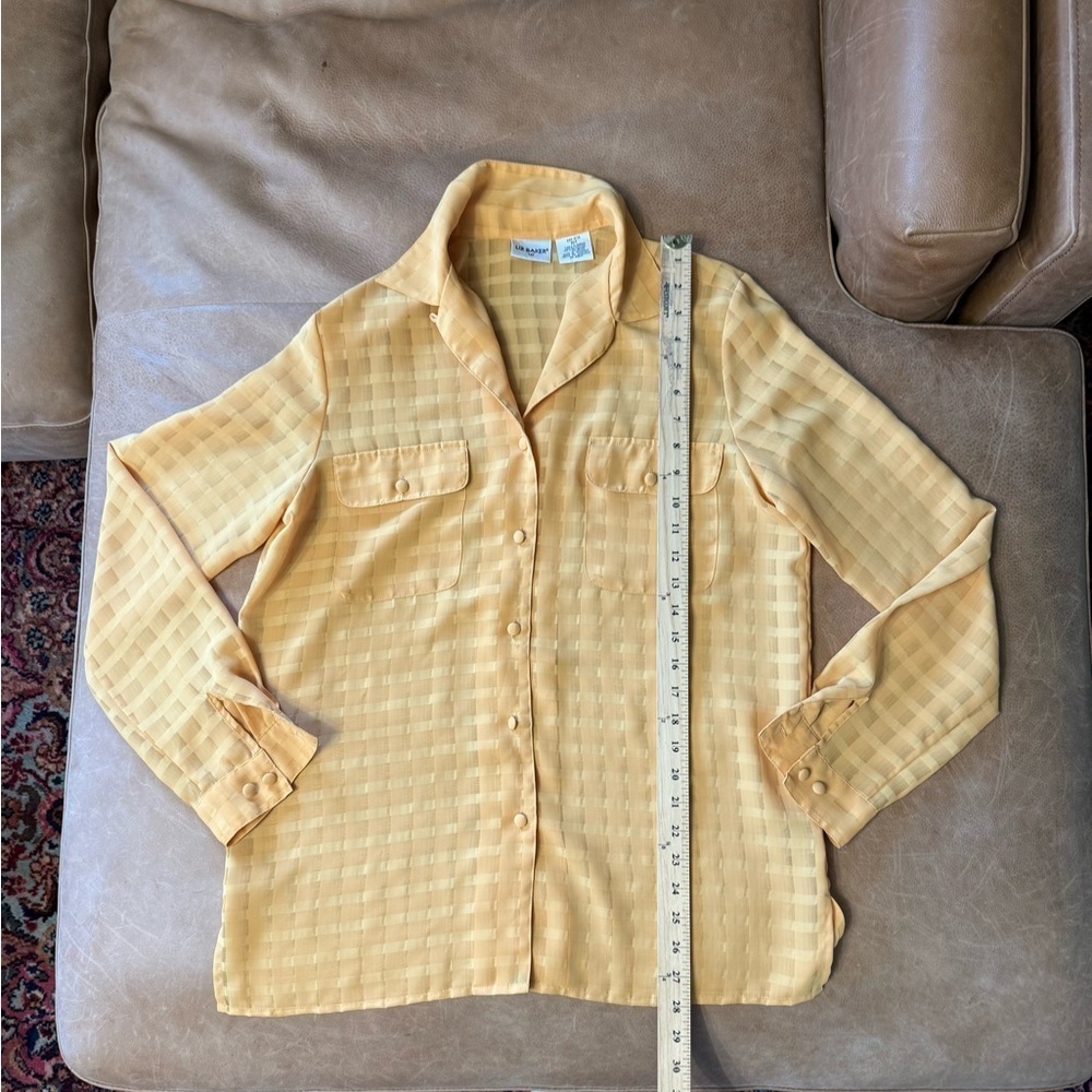 Vintage Liz Baker Yellow Checkered Sheer Blouse Button Down Women’s Size 10 Tall - Picture 3 of 8